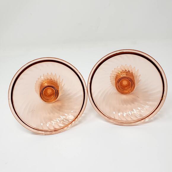 Vtg Pink Heavy Depression Glass Candlestick Holder Swirl Pattern Set of 2 - Picture 4 of 7